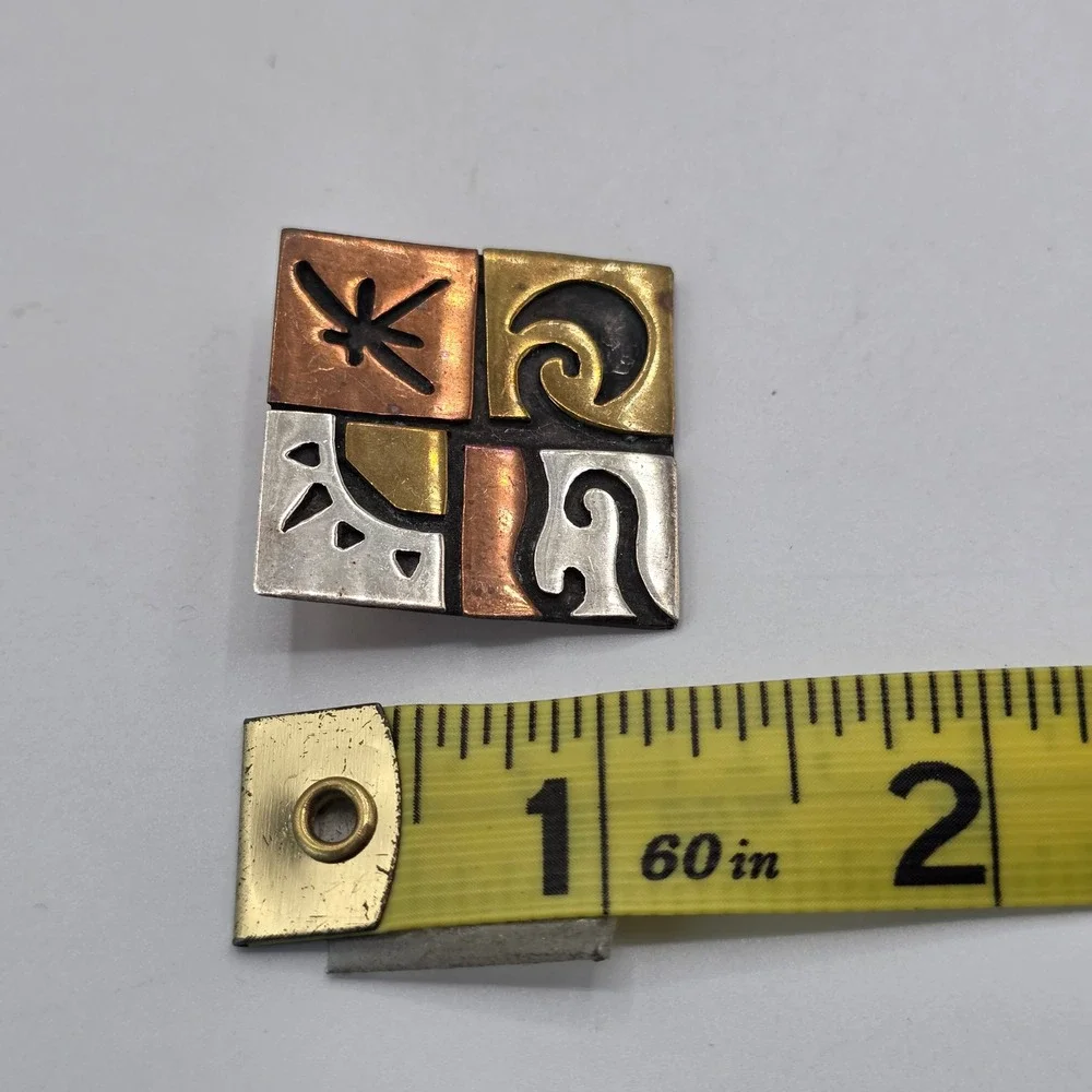 Far Fetched Mixed Metal Sun Moon Waves Square Brooch Pin Mexico Artisan Brass